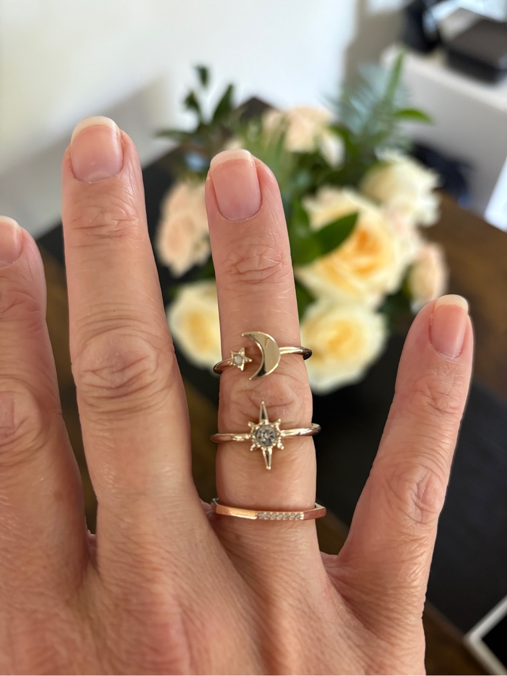 Gold Celestial Moon & Star Ring Set - Women Jewelry. Size 6-7